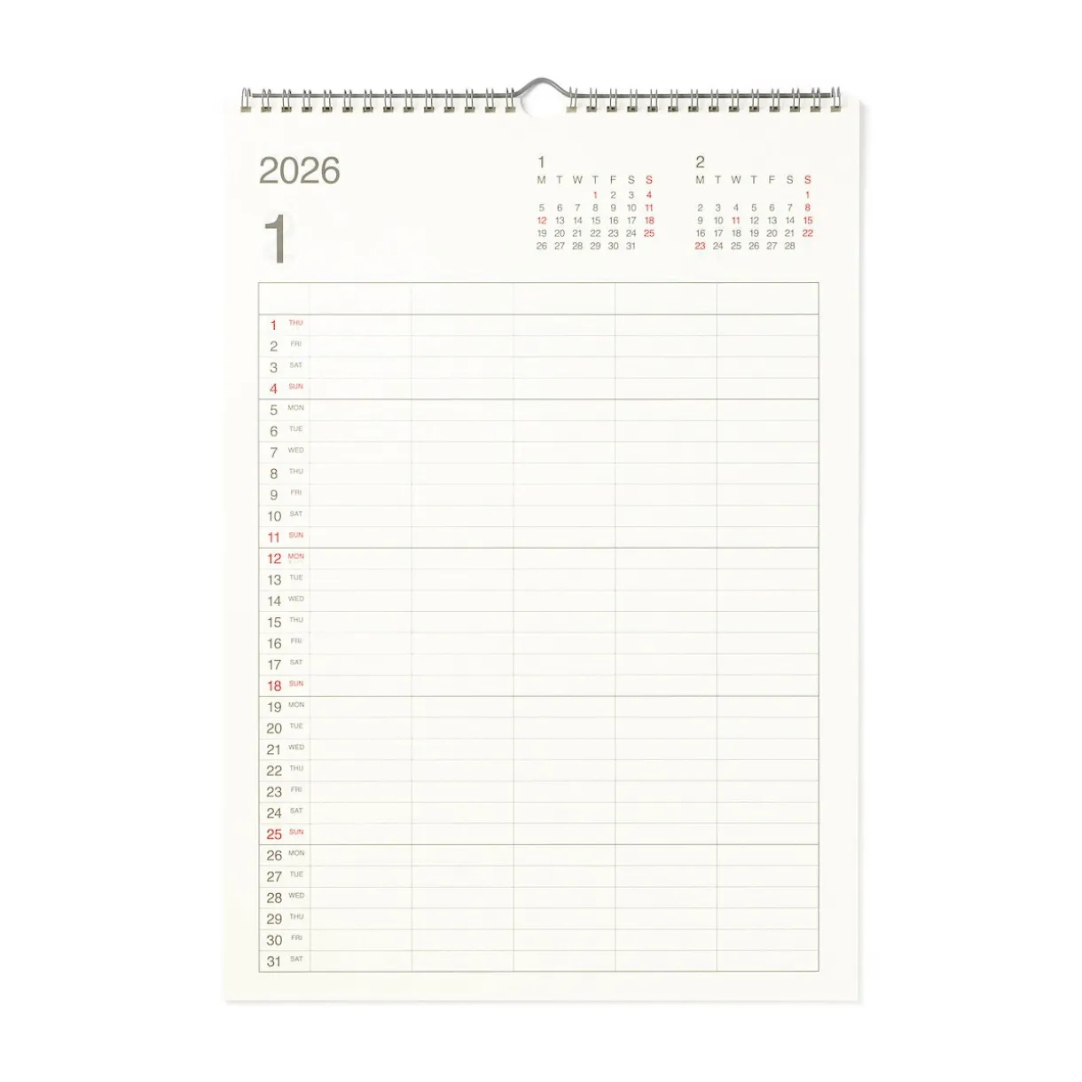 Calendrier mural familial 2026 en papier bagasse - Format A3