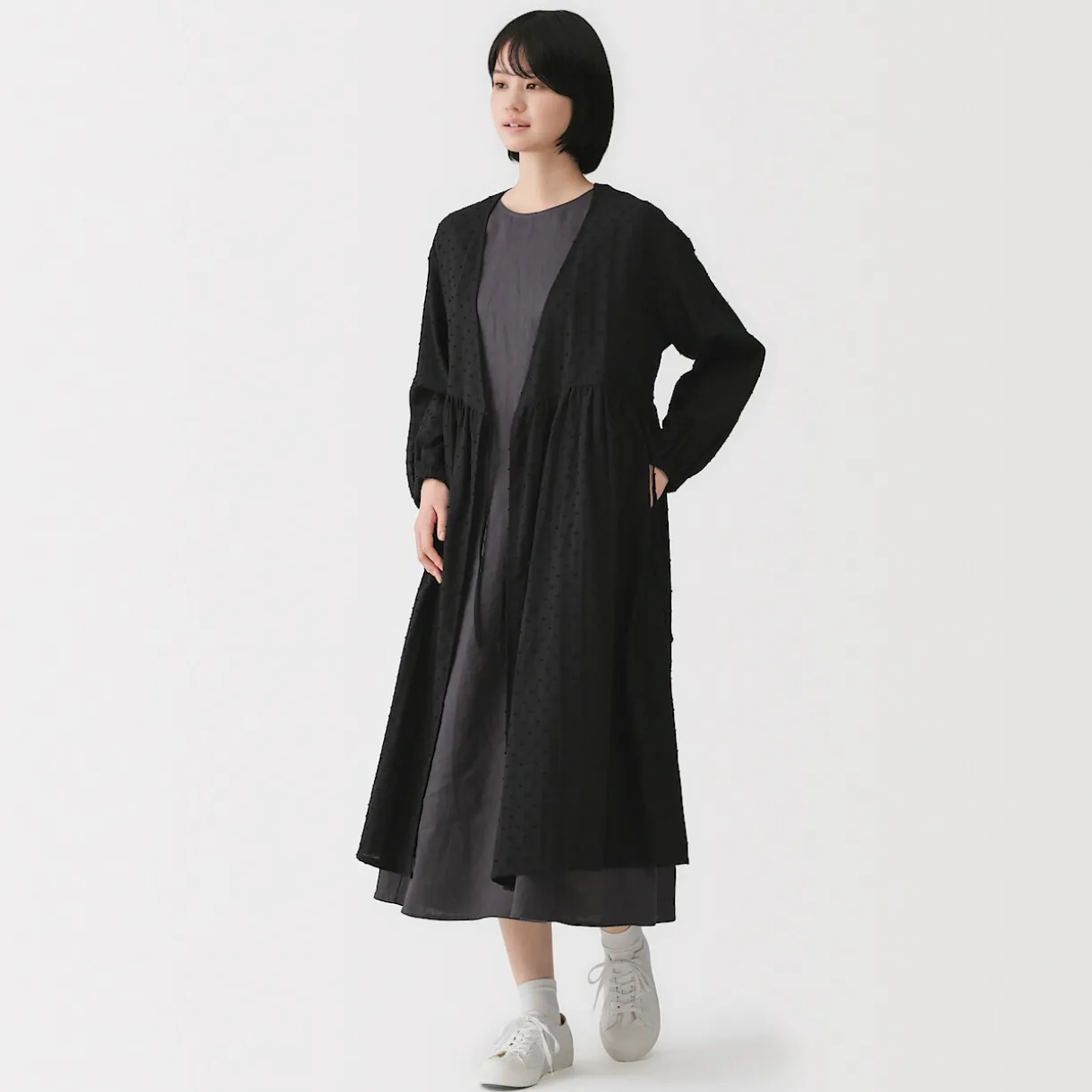 Cardigan long en double gaze à pois dobby pour femme