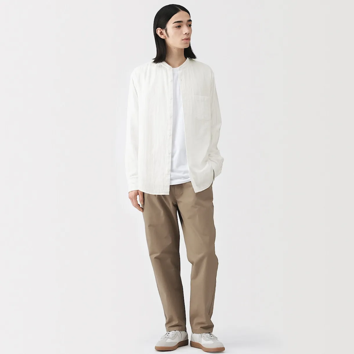 Chemise à col mao en double gaze de kapok mélangé pour homme