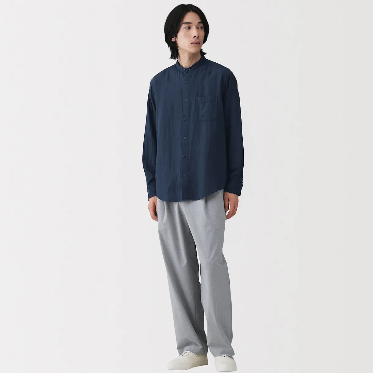 Chemise à col mao en double gaze de kapok mélangé pour homme