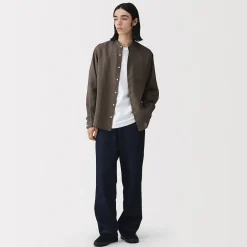 Chemise à col mao en lin lavé pour homme