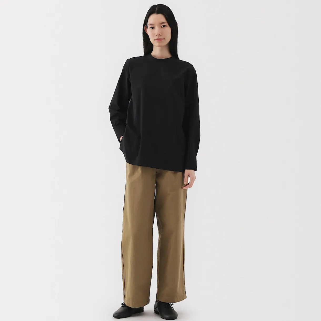 Pantalon chino long à pinces en coton coupe large pour femme