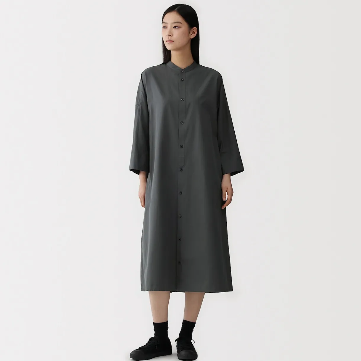 Robe chemise à col montant en popeline de coton biologique pour femme