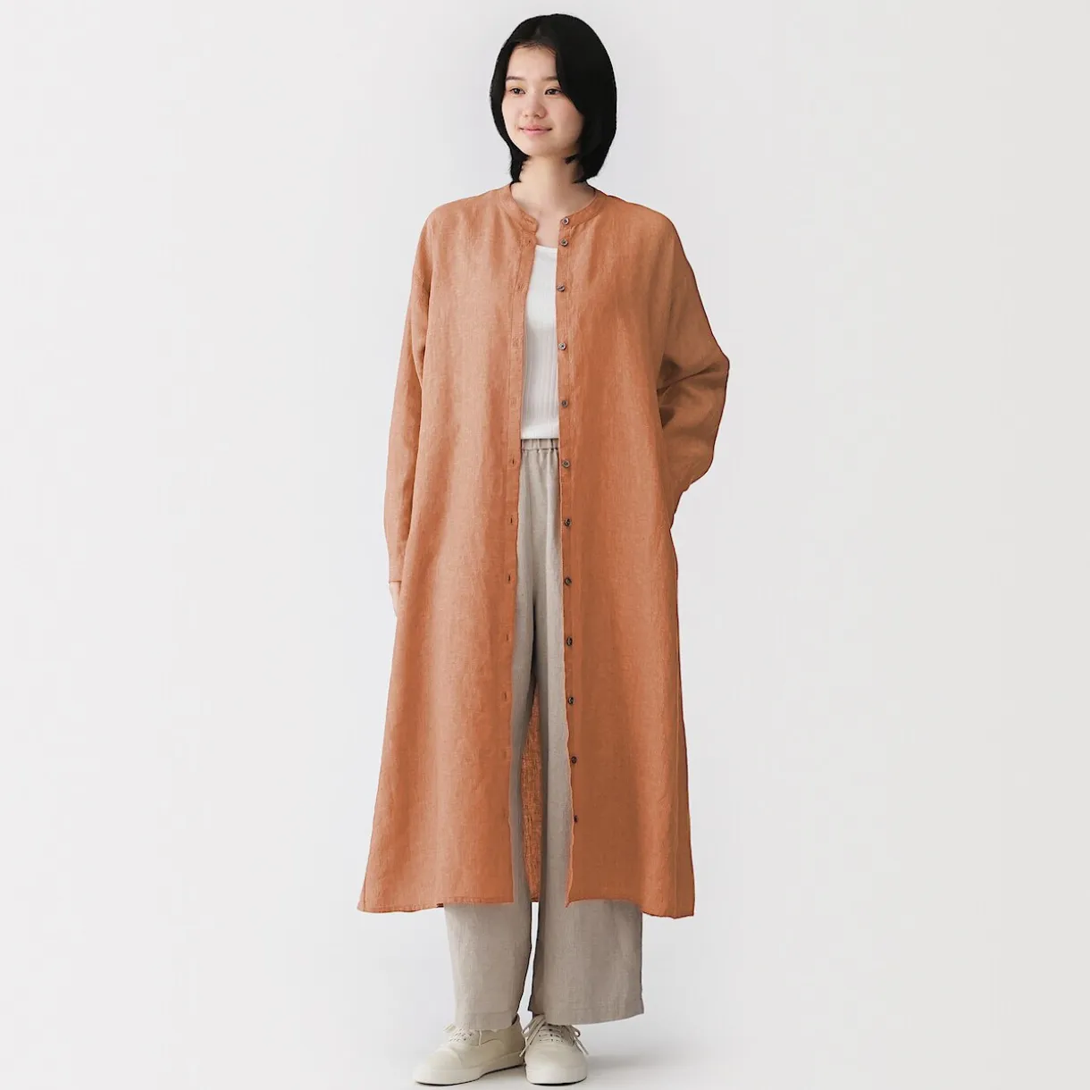 Robe-chemise à col officier en lin lavé pour femme