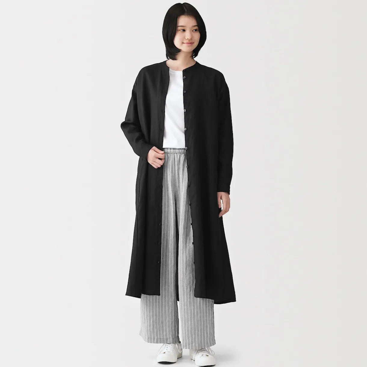 Robe-chemise à col officier en lin lavé pour femme