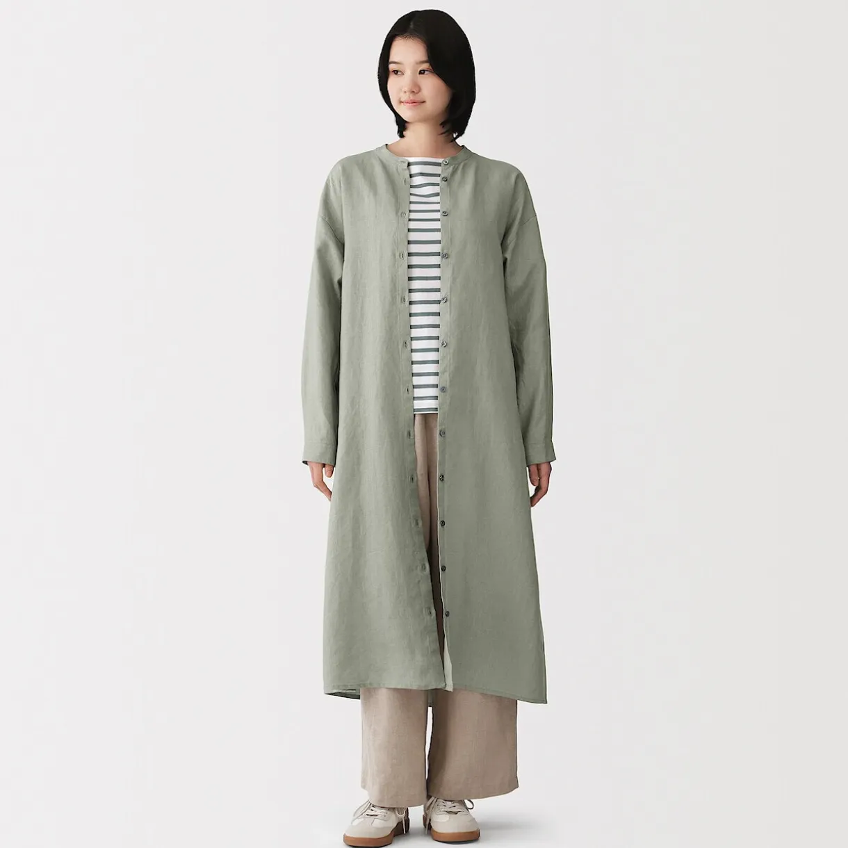 Robe-chemise à col officier en lin lavé pour femme