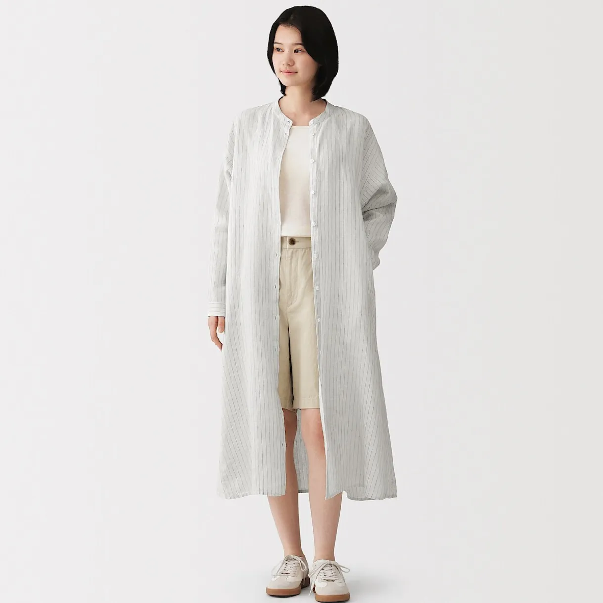 Robe-chemise à col officier en lin lavé pour femme