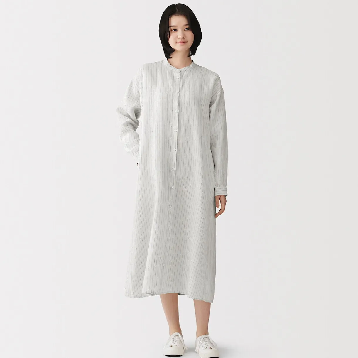 Robe-chemise à col officier en lin lavé pour femme