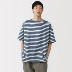 T-shirt à col bateau en coton épais délavé pour homme