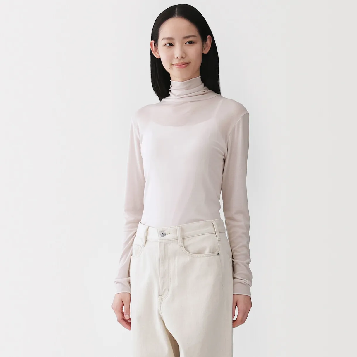 T-shirt à col roulé transparent à manches longues en mélange de lyocell pour femme
