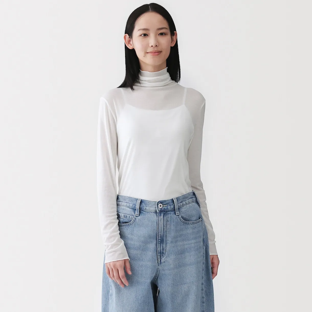 T-shirt à col roulé transparent à manches longues en mélange de lyocell pour femme