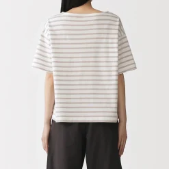 T-shirt à manches mi-longues et col bateau en coton épais pour femme