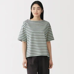 T-shirt à manches mi-longues et col bateau en coton épais pour femme
