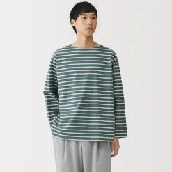 T-shirt délavé à manches longues et à col bateau en coton épais pour homme