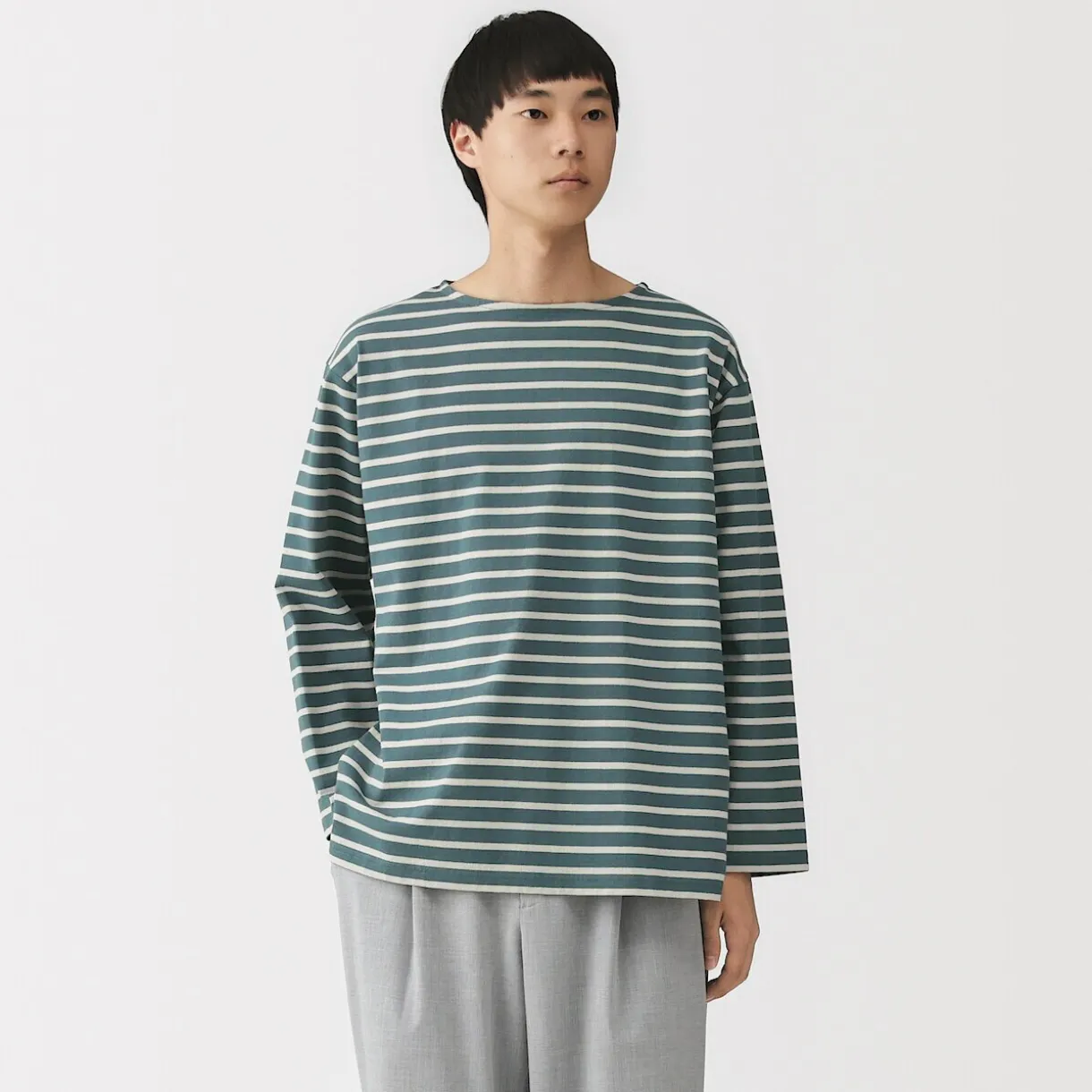 T-shirt délavé à manches longues et à col bateau en coton épais pour homme