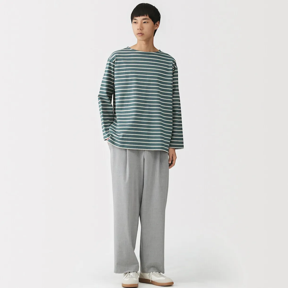 T-shirt délavé à manches longues et à col bateau en coton épais pour homme