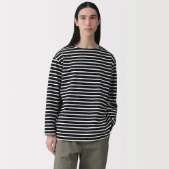 T-shirt délavé à manches longues et à col bateau en coton épais pour homme