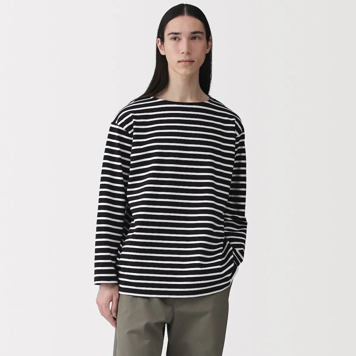 T-shirt délavé à manches longues et à col bateau en coton épais pour homme
