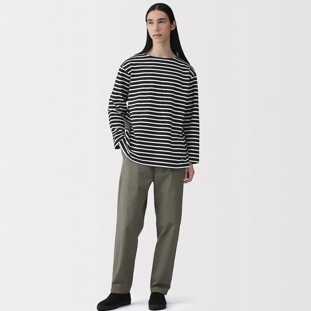 T-shirt délavé à manches longues et à col bateau en coton épais pour homme