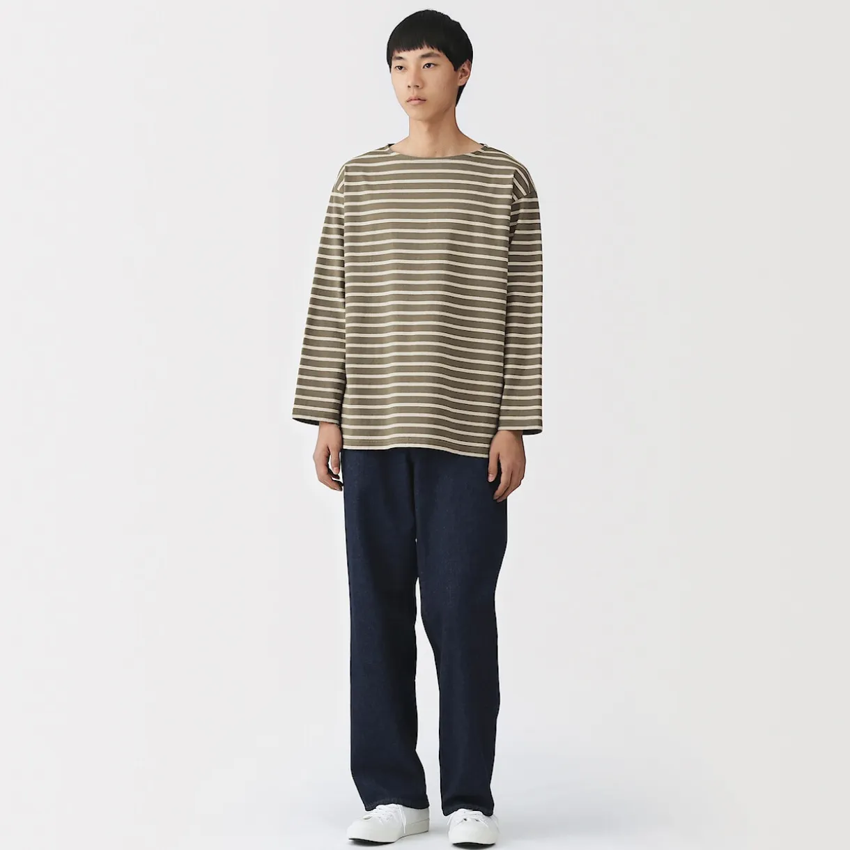 T-shirt délavé à manches longues et à col bateau en coton épais pour homme