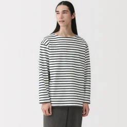 T-shirt délavé à manches longues et à col bateau en coton épais pour homme