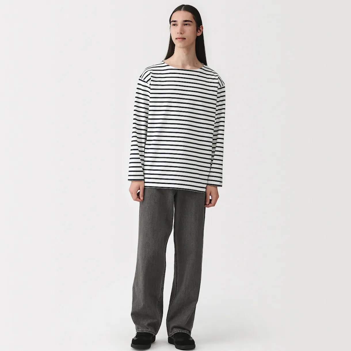 T-shirt délavé à manches longues et à col bateau en coton épais pour homme