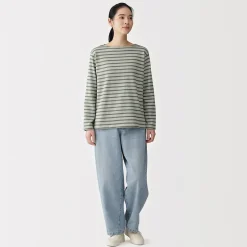 T‐shirt en coton épais manches longues col bateau pour femme