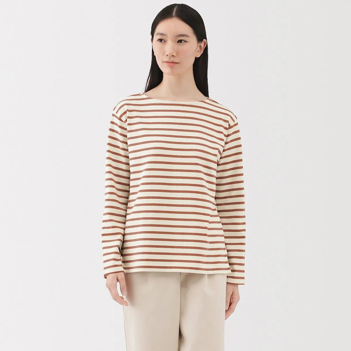 T‐shirt en coton épais manches longues col bateau pour femme