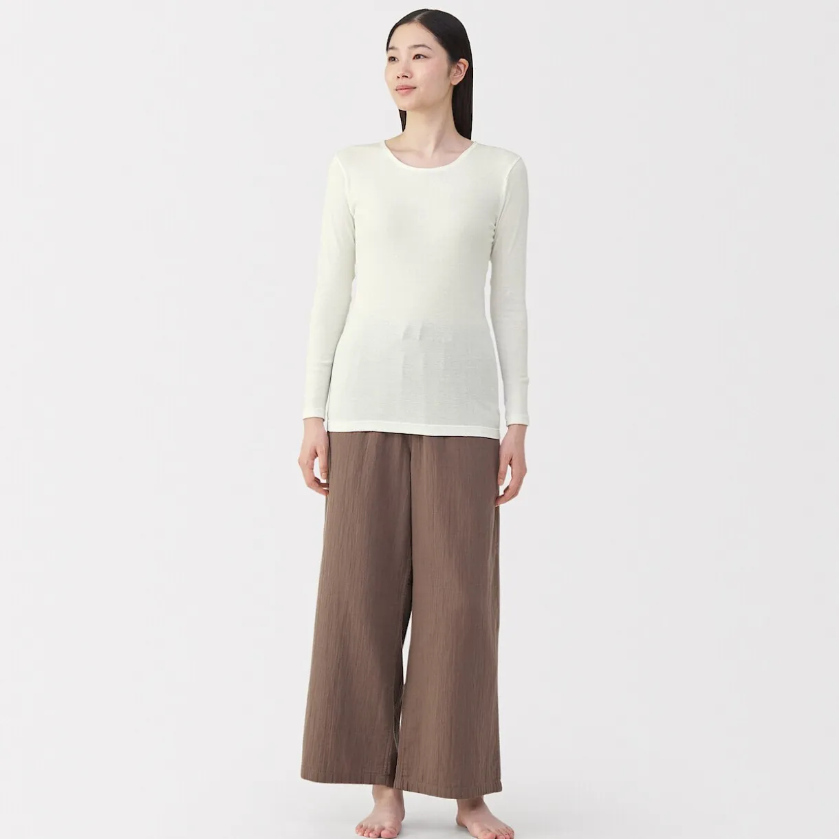 T‐shirt manches longues col rond en coton chaud pour femme