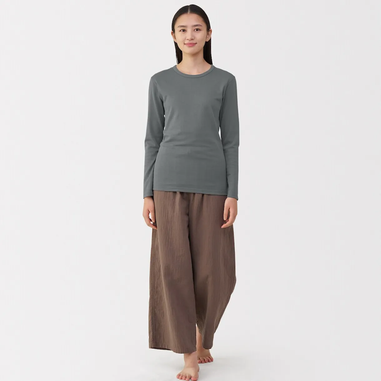 T‐shirt manches longues col rond en coton épais et chaud pour femme