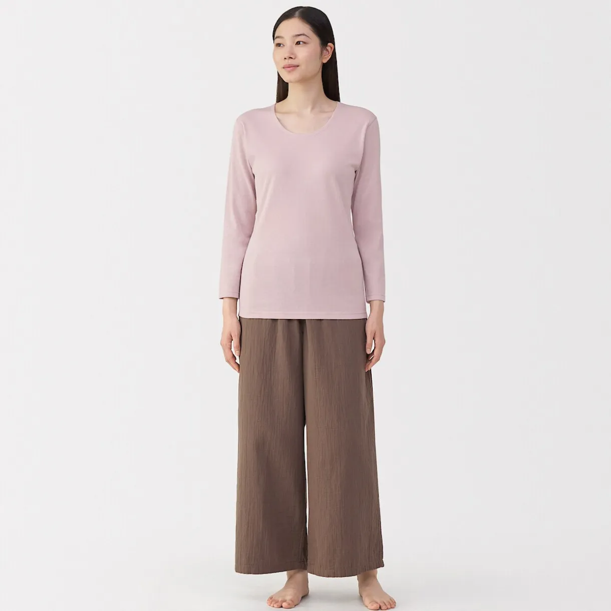 T‐shirt manches longues col U en coton épais et chaud pour femme