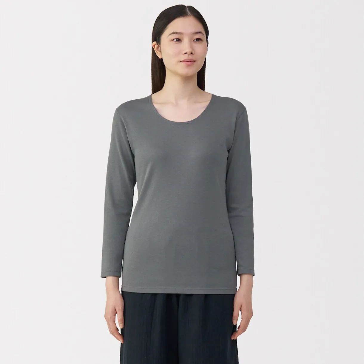 T‐shirt manches longues col U en coton épais et chaud pour femme