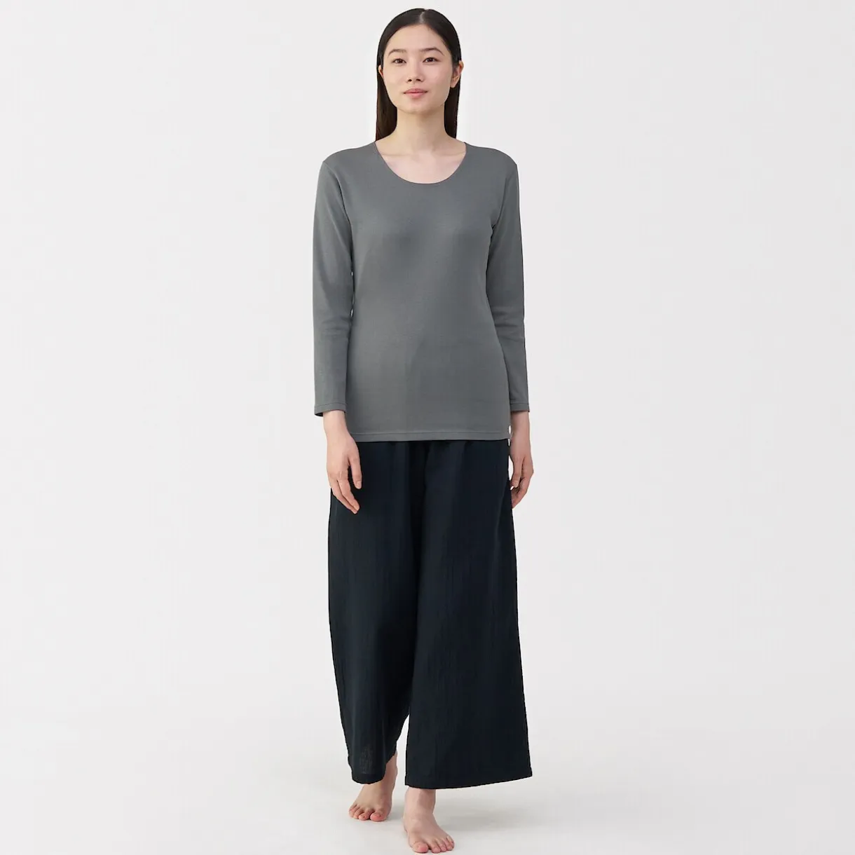 T‐shirt manches longues col U en coton épais et chaud pour femme