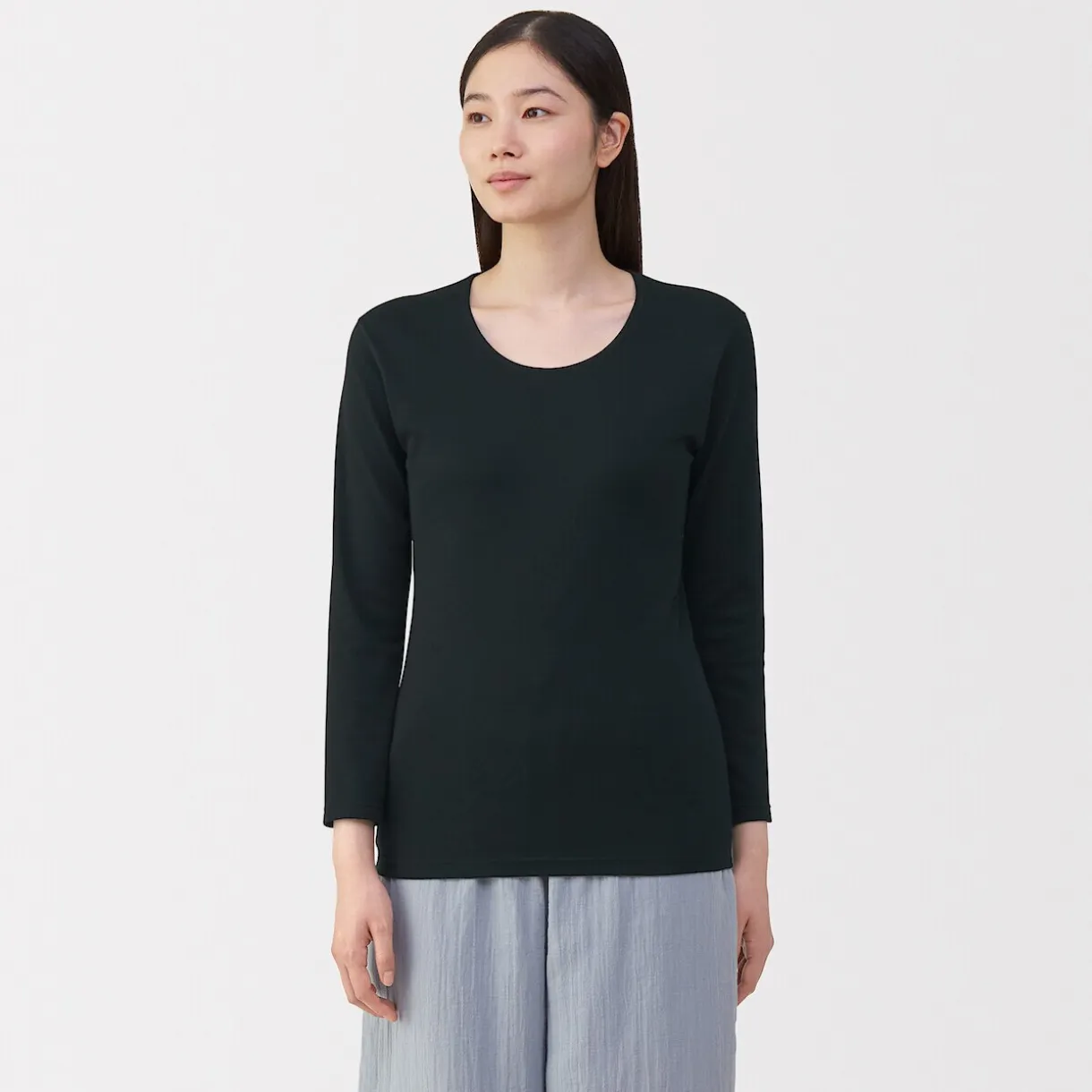 T‐shirt manches longues col U en coton épais et chaud pour femme