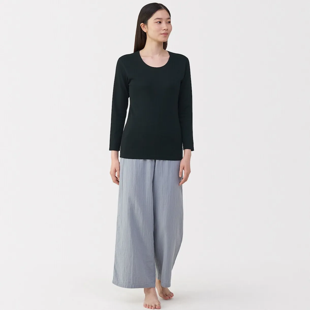T‐shirt manches longues col U en coton épais et chaud pour femme
