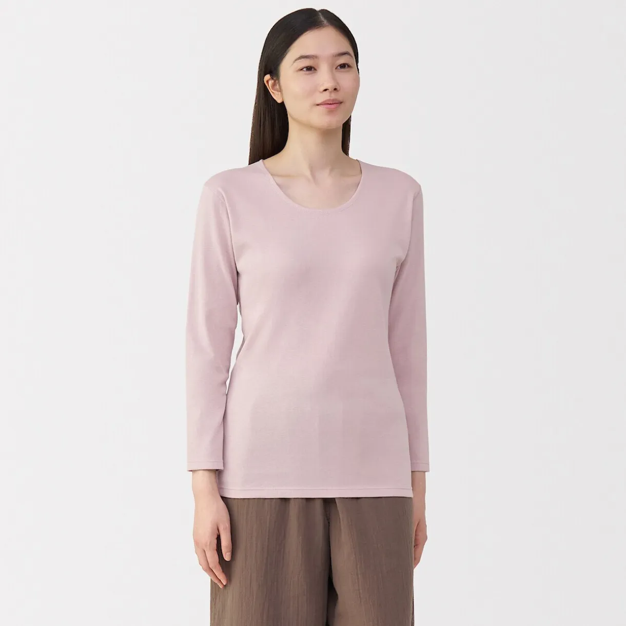 T‐shirt manches longues col U en coton épais et chaud pour femme