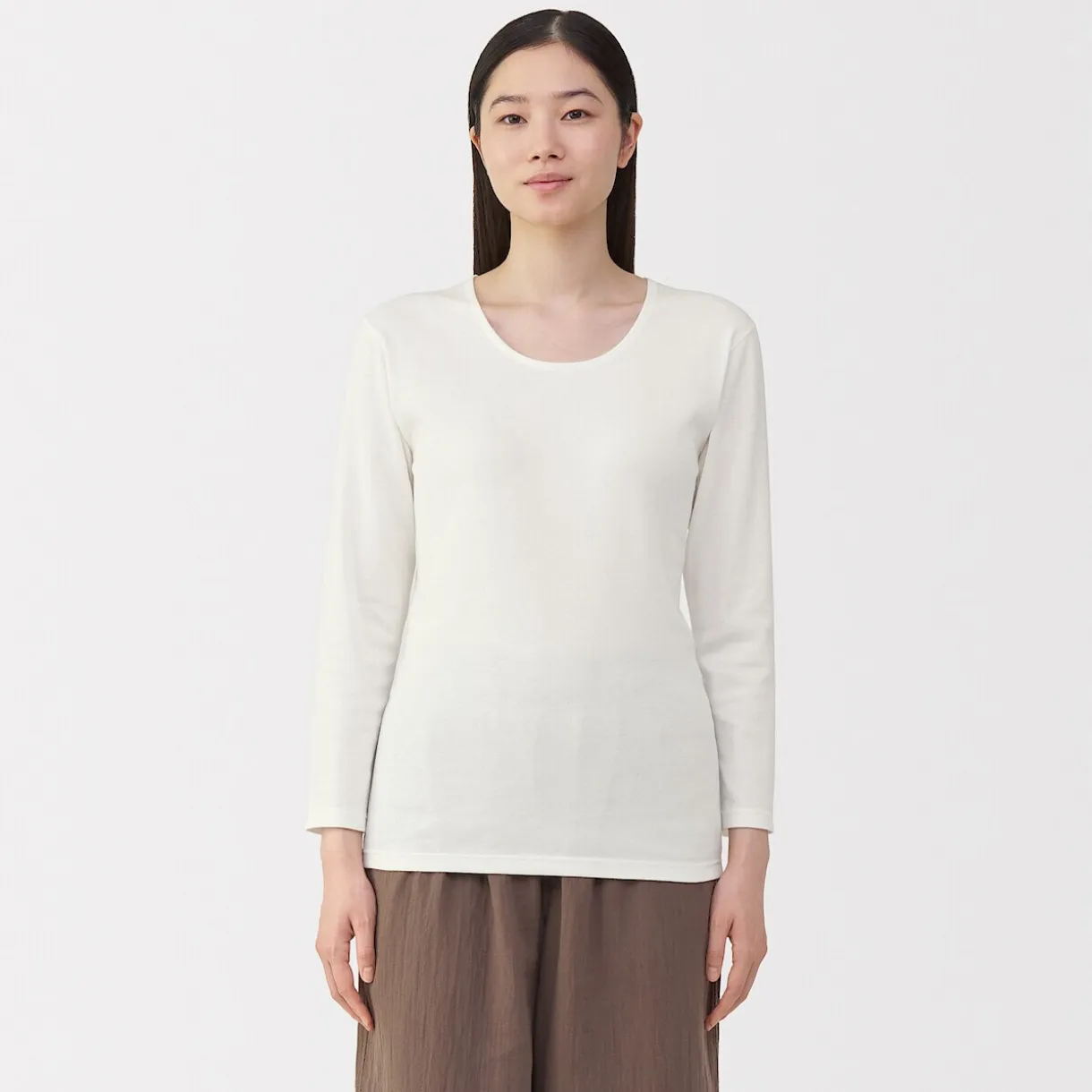 T‐shirt manches longues col U en coton épais et chaud pour femme