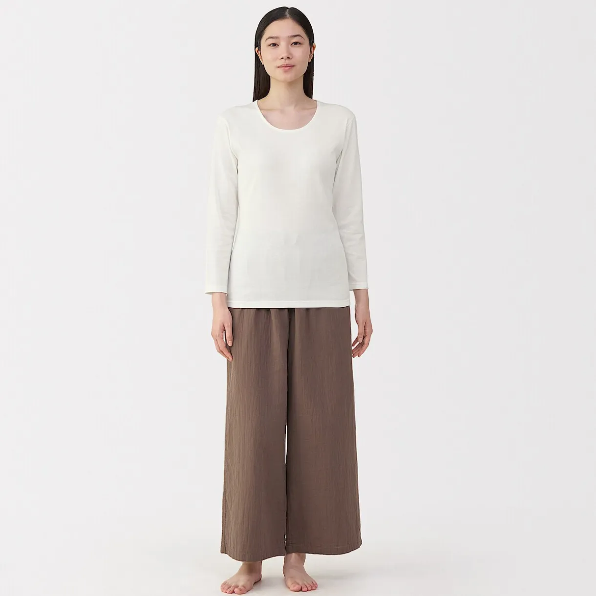 T‐shirt manches longues col U en coton épais et chaud pour femme