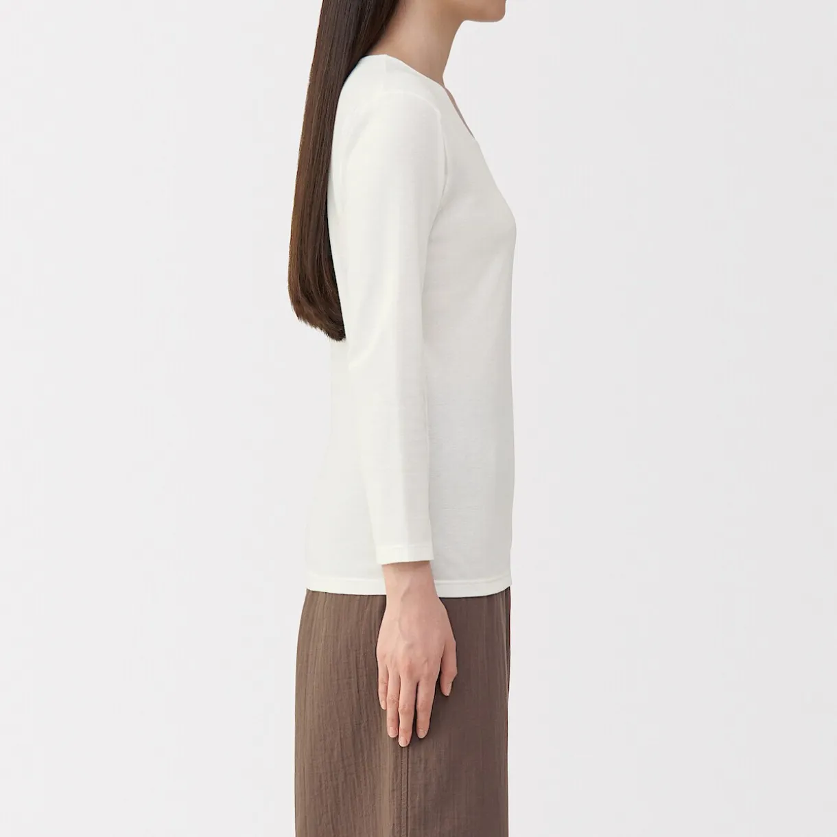 T‐shirt manches longues col U en coton épais et chaud pour femme