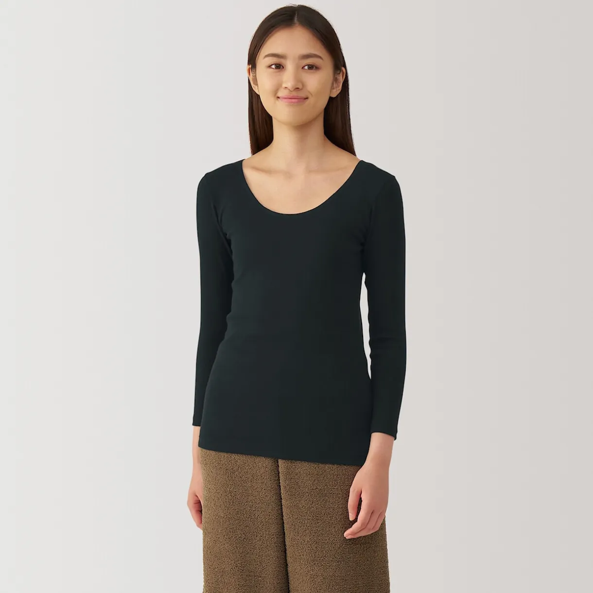 T‐shirt manches longues col U en coton chaud pour femme