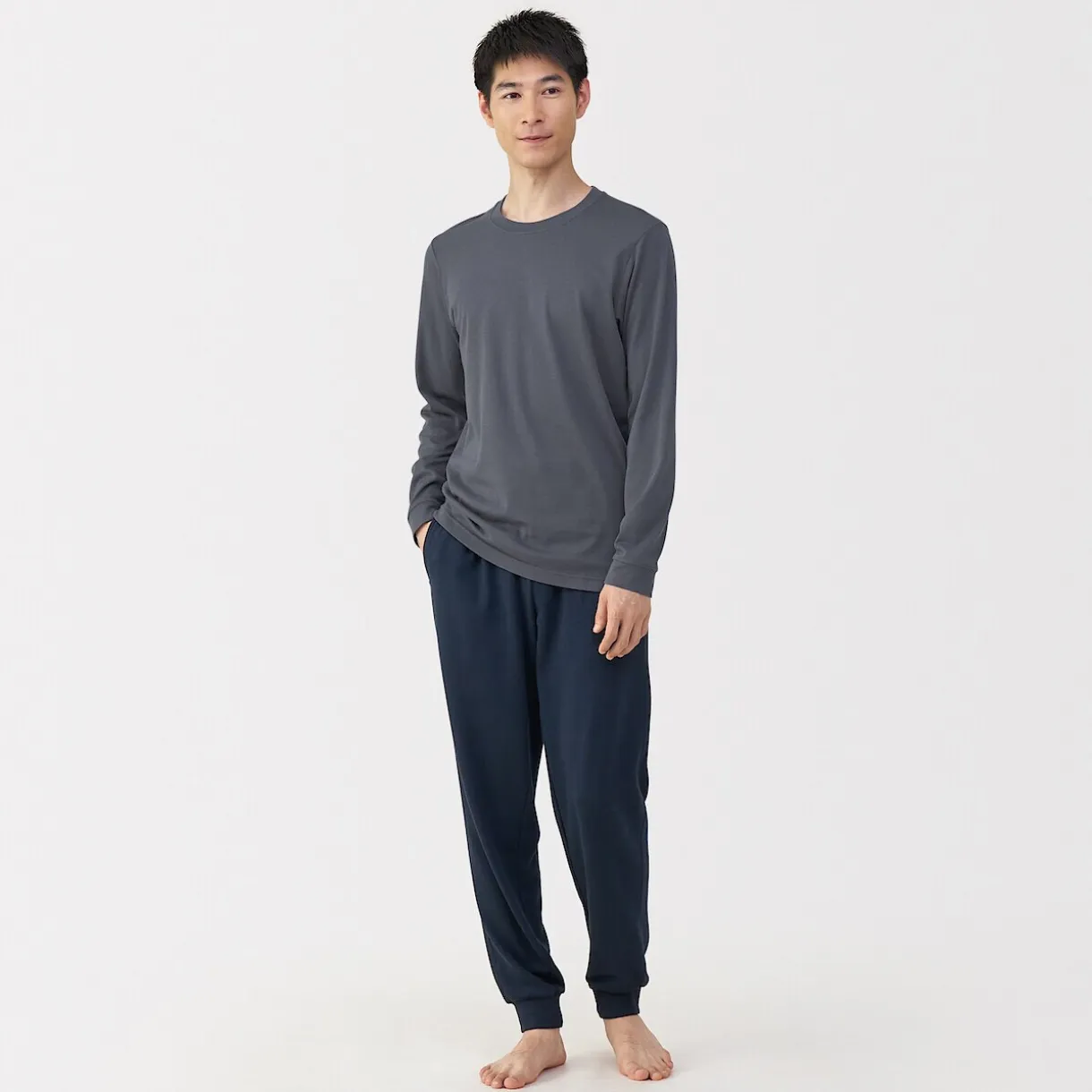 T‐shirt manches longues col U en coton épais et chaud pour homme