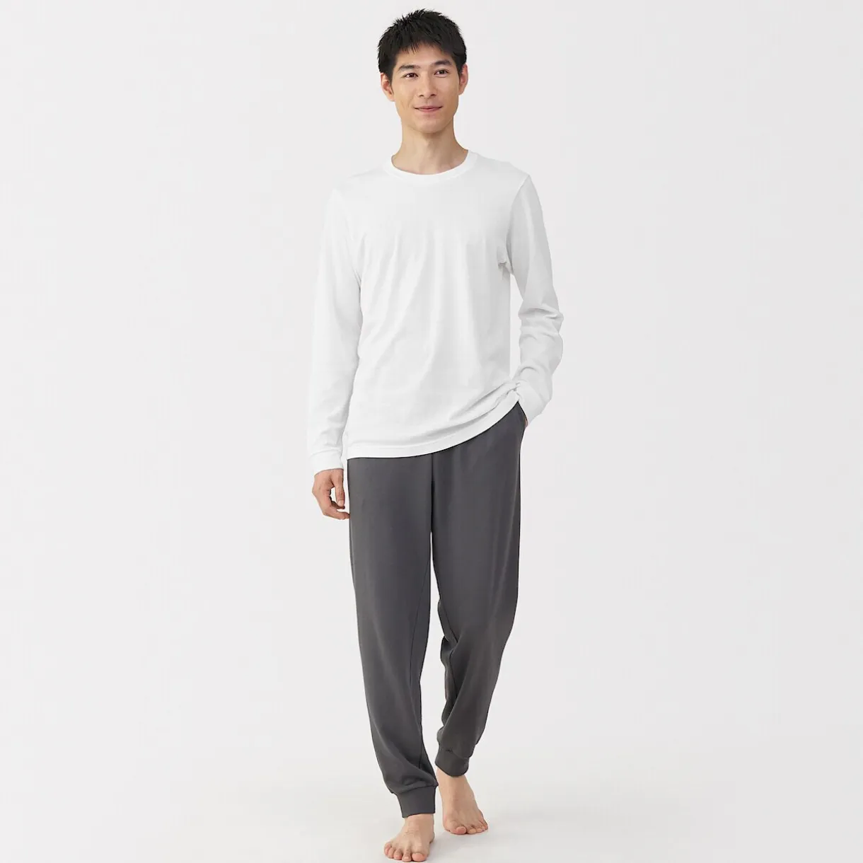 T‐shirt manches longues col U en coton épais et chaud pour homme