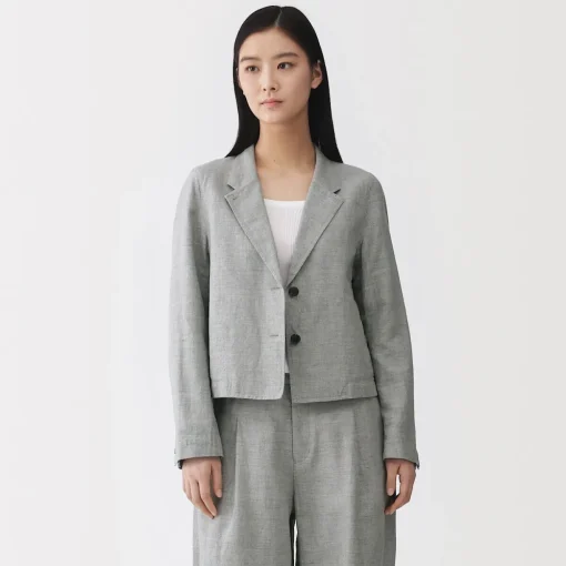 Veste courte à chevrons en mélange de lin pour femme